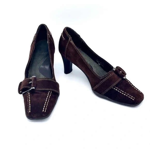 Y2K Aerosoles Leather Suede Loafers Pumps with Buckle and White Stitchin… - Picture 2 of 9